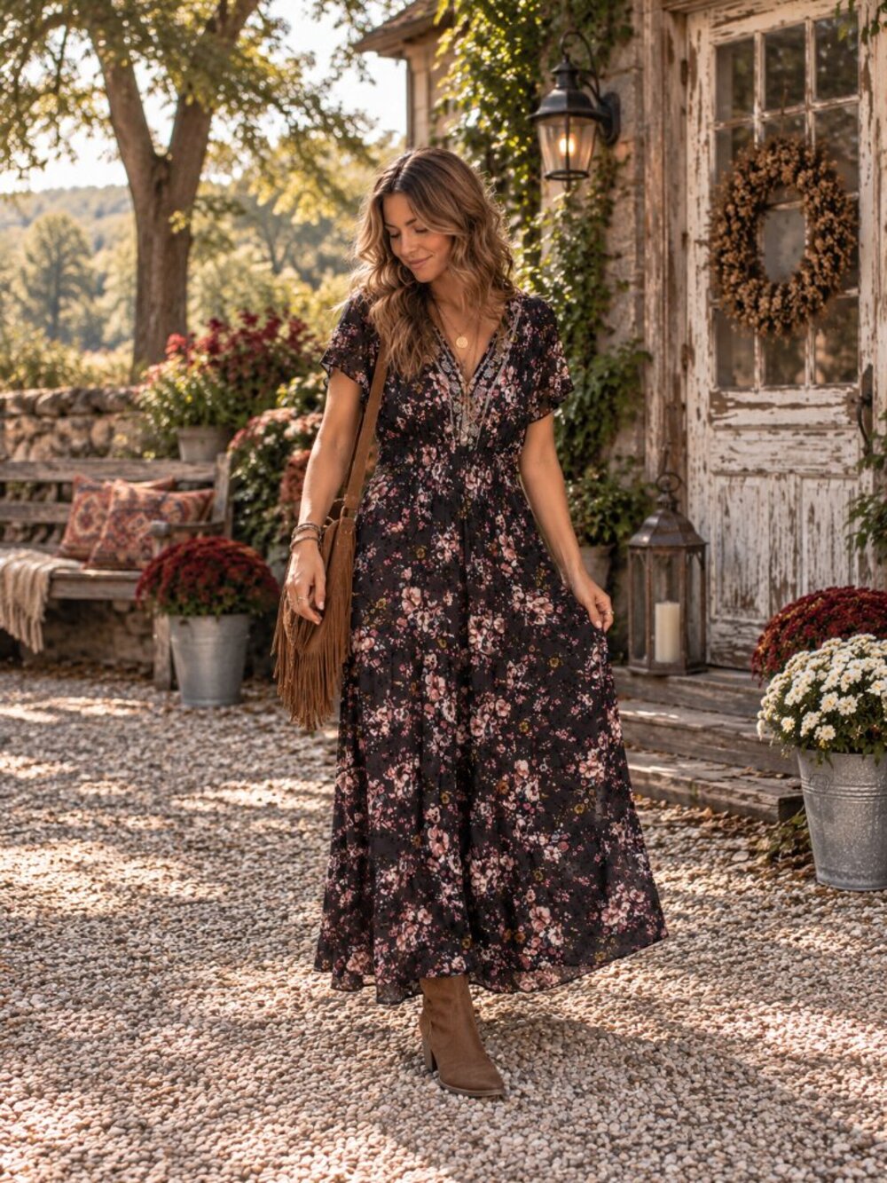 Knox Rose Dark Floral Boho Maxi Dress